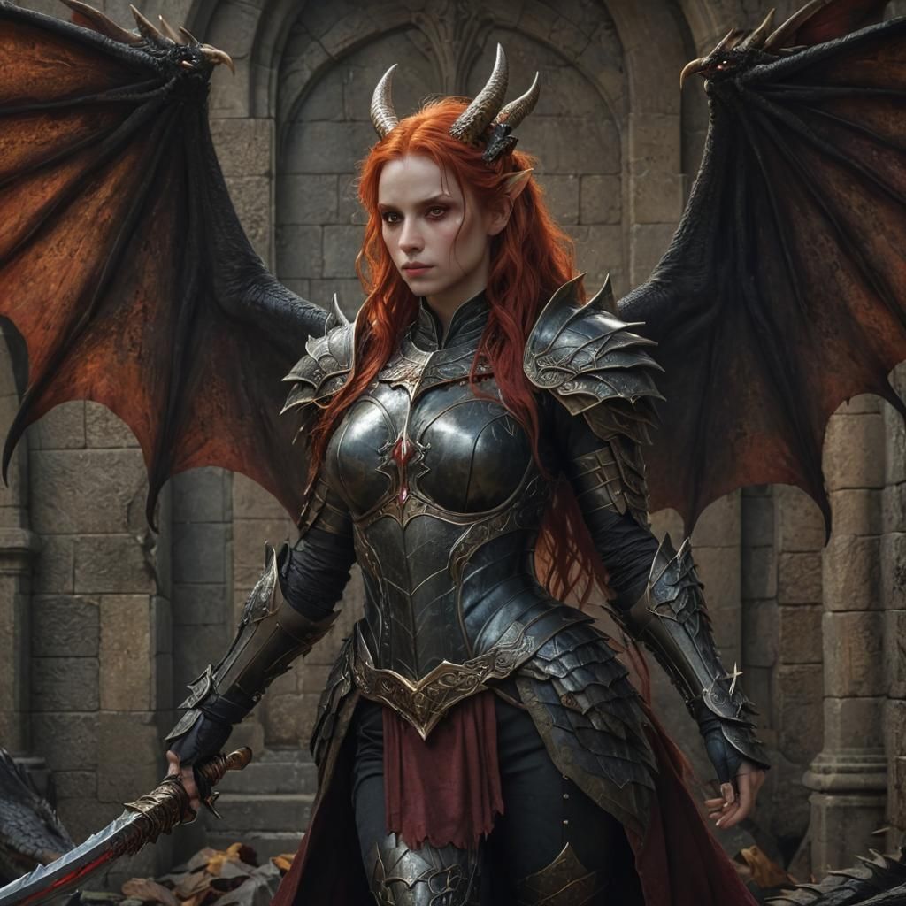 Dragon Woman with Red Hair in Dark Fantasy Style