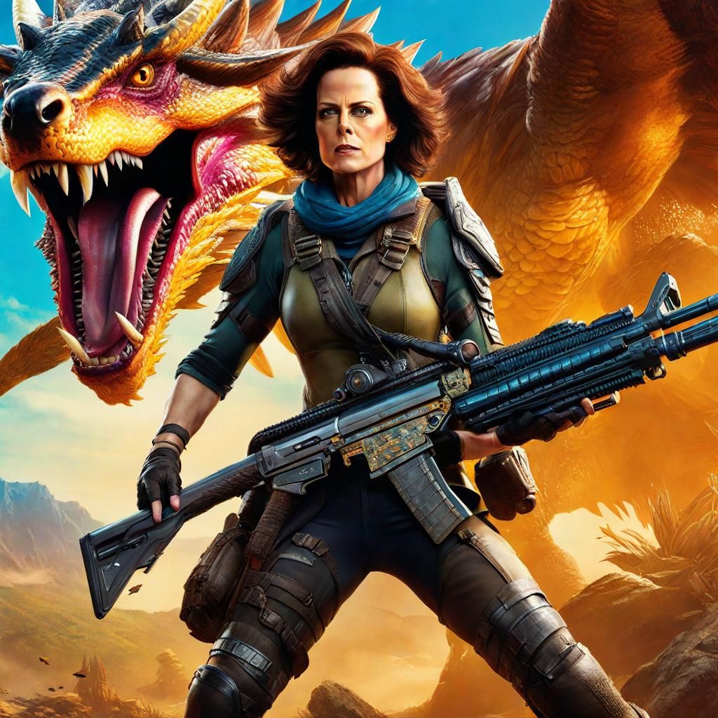 Concept poster of Sigourney Weaver as a monster hunter holdi...