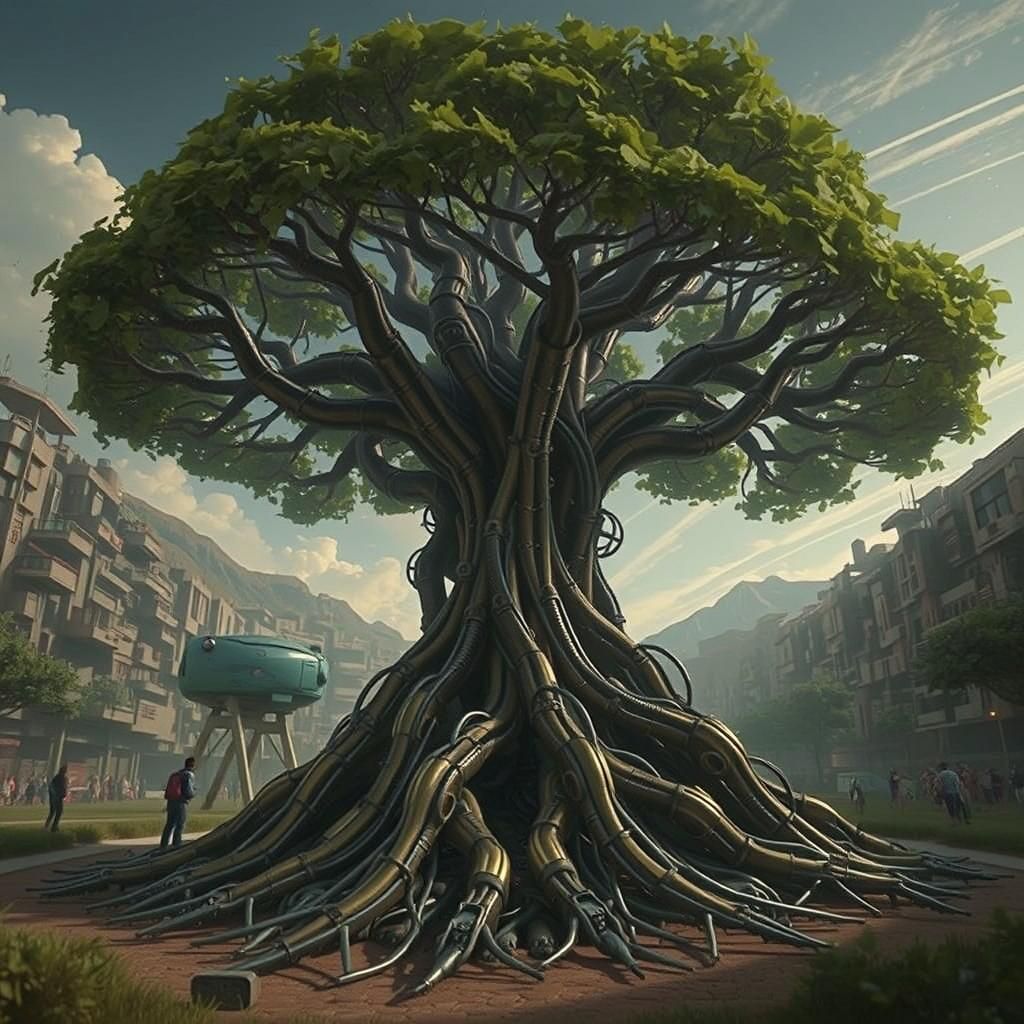 Mechanized Tree of Life in Dystopian Cityscape