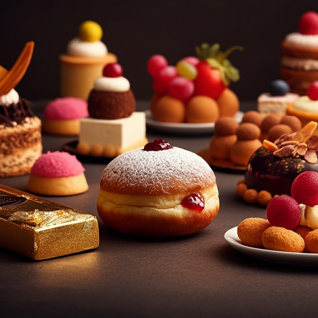 Powdered Sugar Donut Discreetly Sits Among Gourmet Delights....