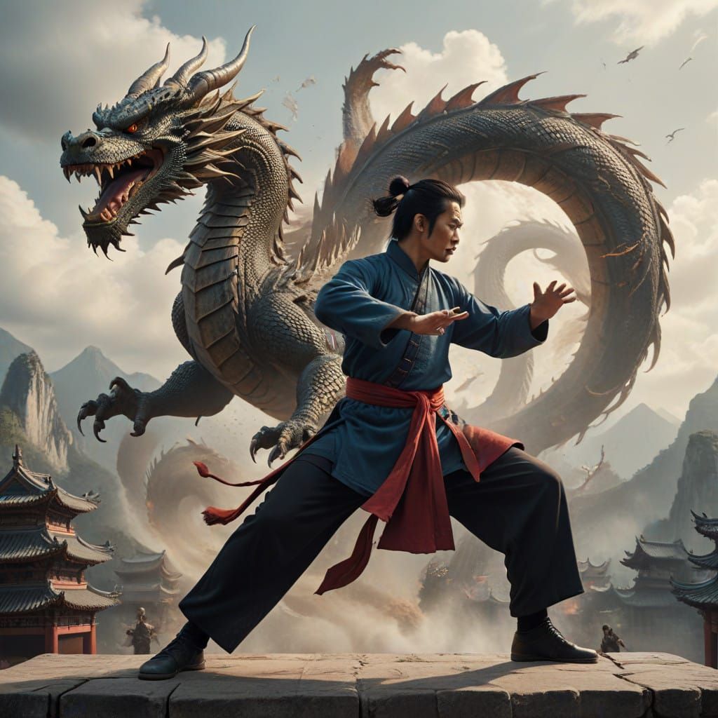 Kung Fu Master Strikes with Dragon Energy Whirlwind
