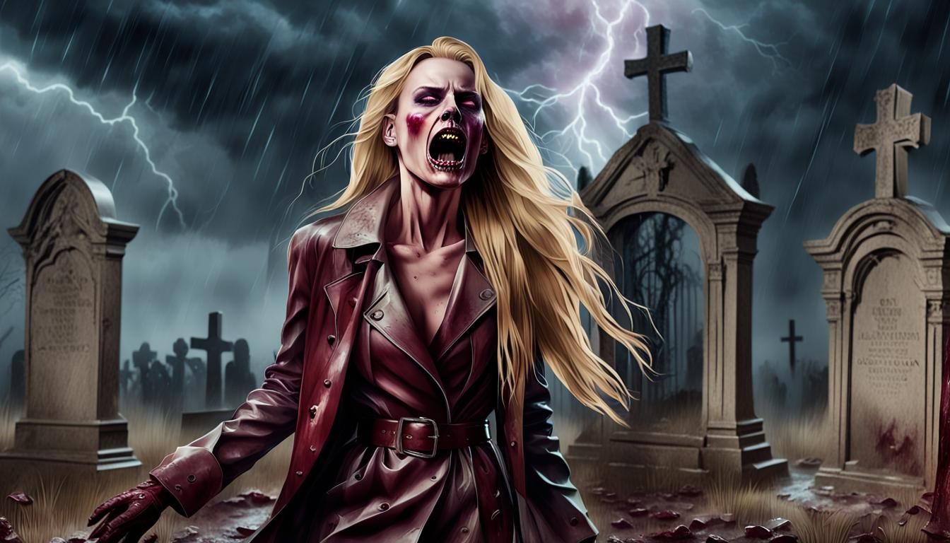 Terrified Woman at Grave in Heavy Rain