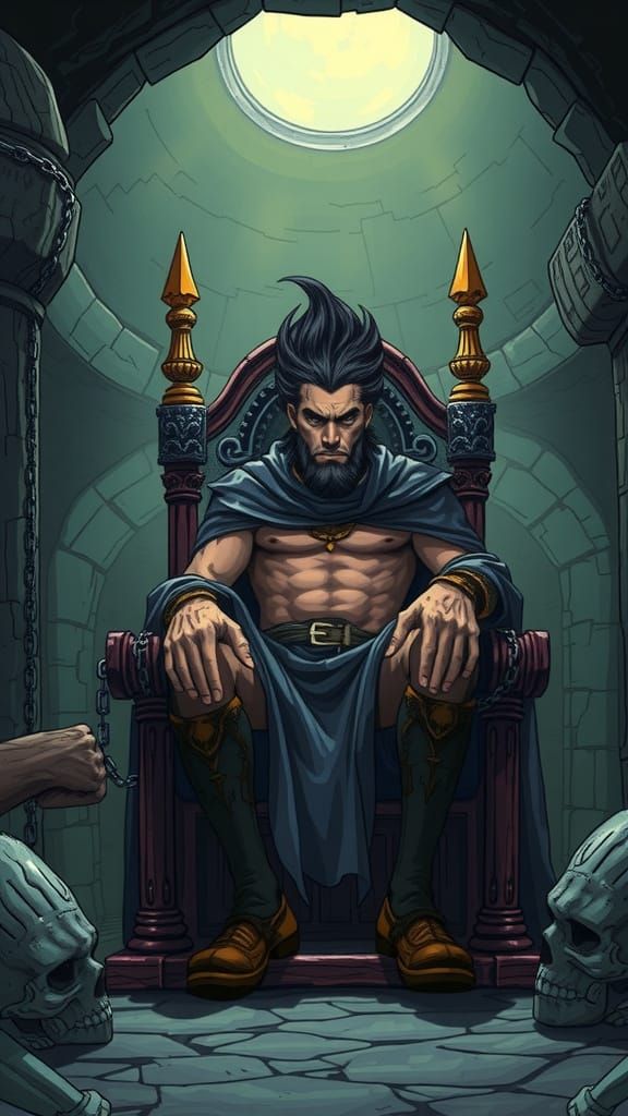 Anti-Hero on Throne with Slaves in Cartoon Style