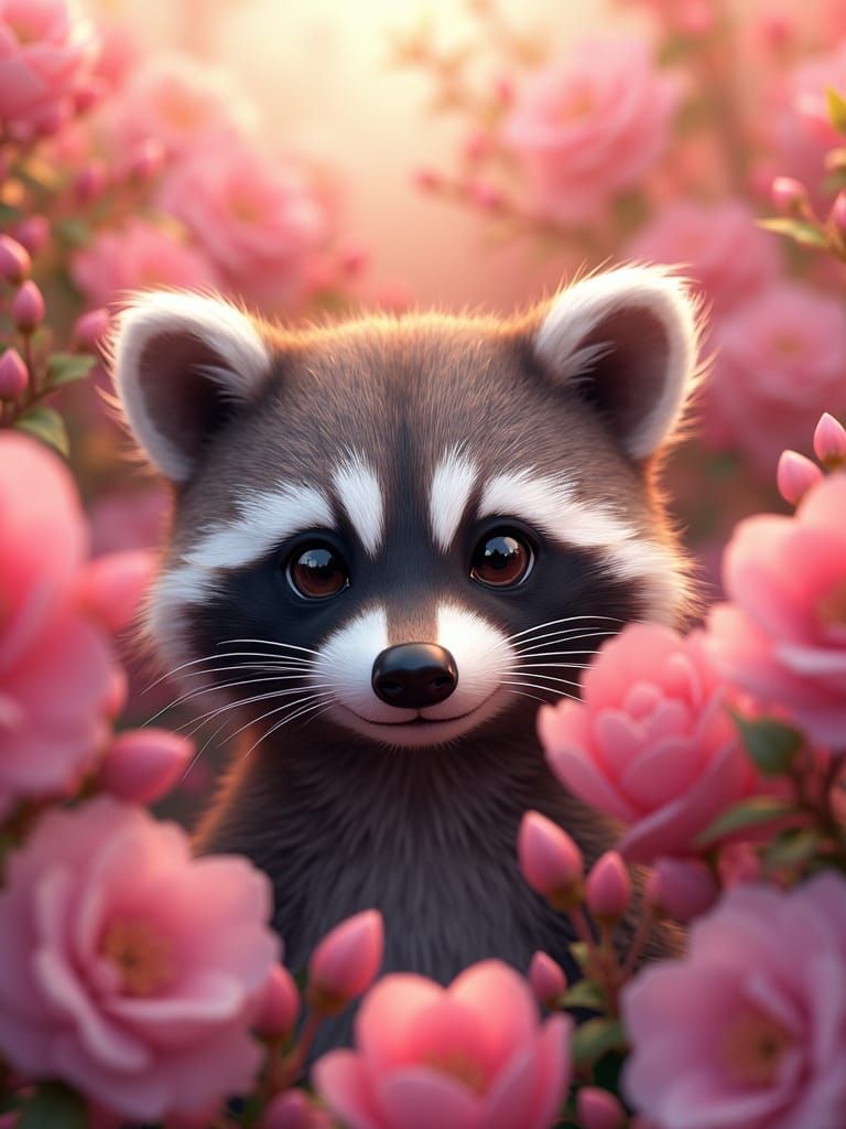 Raccoon in Blossoms: A 3D Anime Style Portrait
