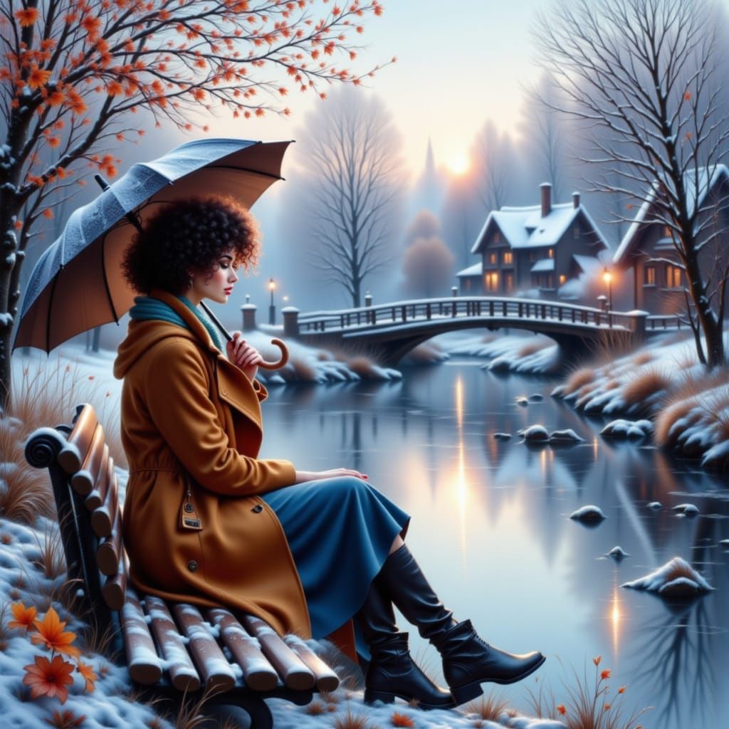 Woman with Umbrella by River in Winter Landscape