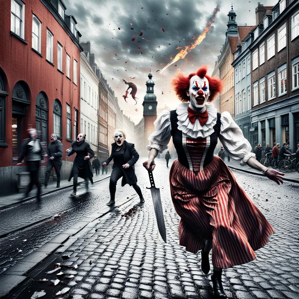 Woman Chases Clown with Knife in Copenhagen