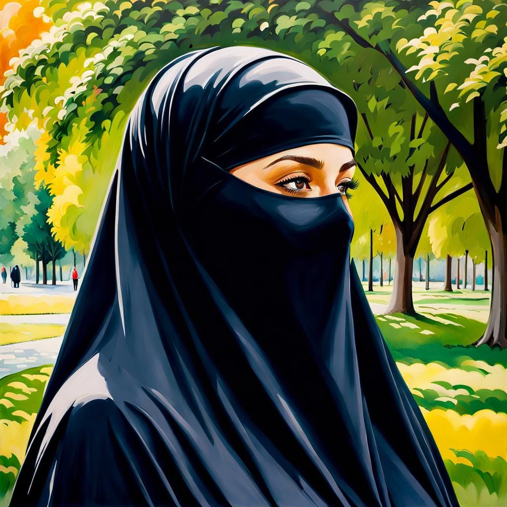 European Niqabi Woman Portrait as Oil-Guache Painting