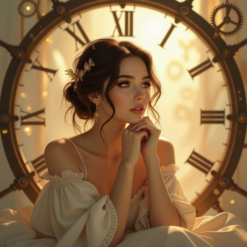 Clockwork Woman in Golden Light, Digital Art