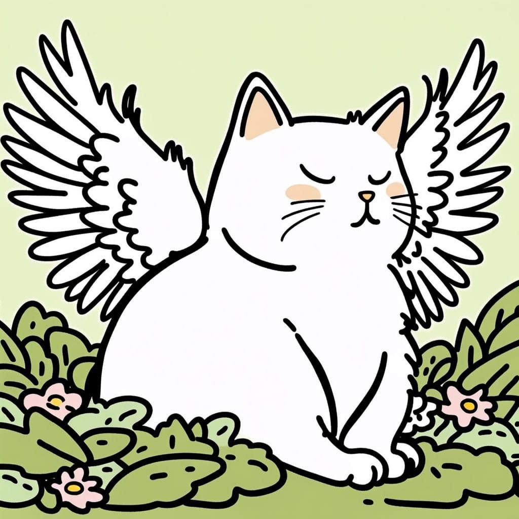 The cartoon beige cat with white angel wings sitting in fluffy clouds