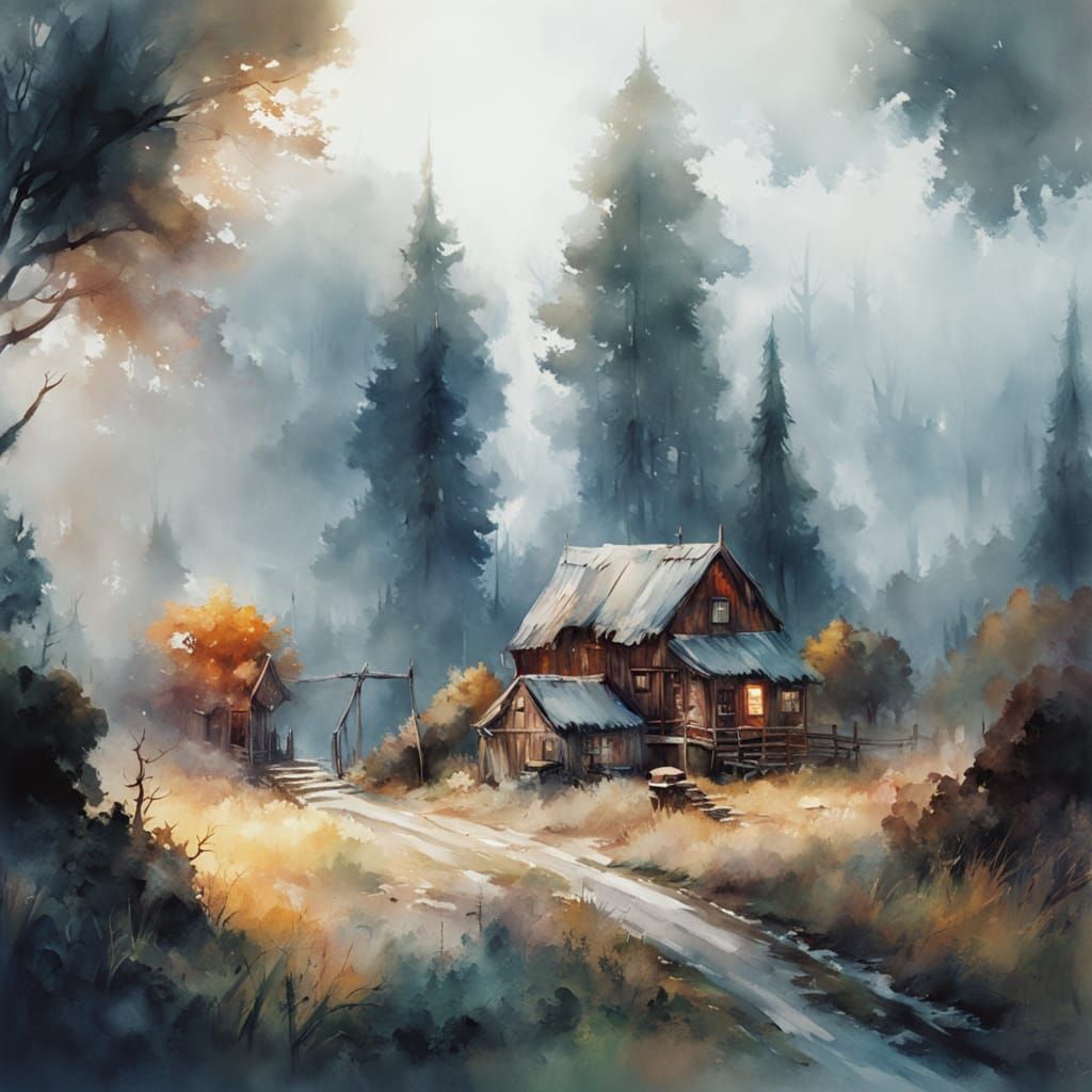 Whimsical Forest Village Artwork in Watercolour Style