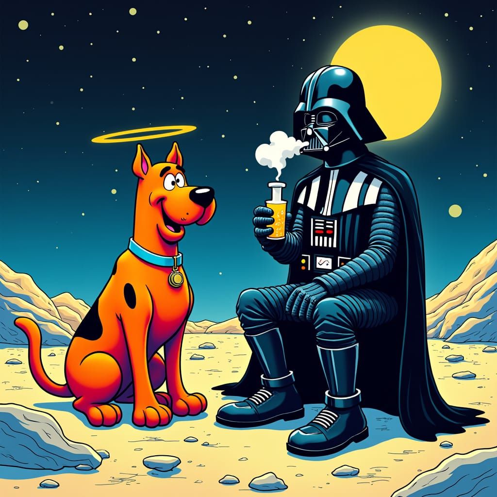 Scooby Doo and Darth Vader Smoking on the Moon