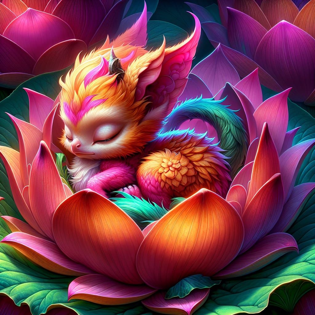 Neon Orange Griffin in Lotus Flower, Digital Art