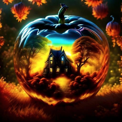 Autumn Scenery Inside Transparent Pumpkin in Floral Style