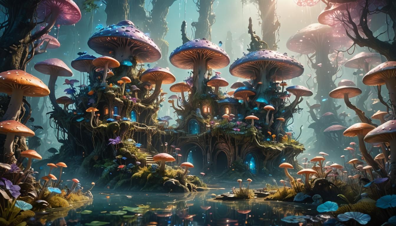 Bioluminescent Fantasy Microcosm in Organic Architecture