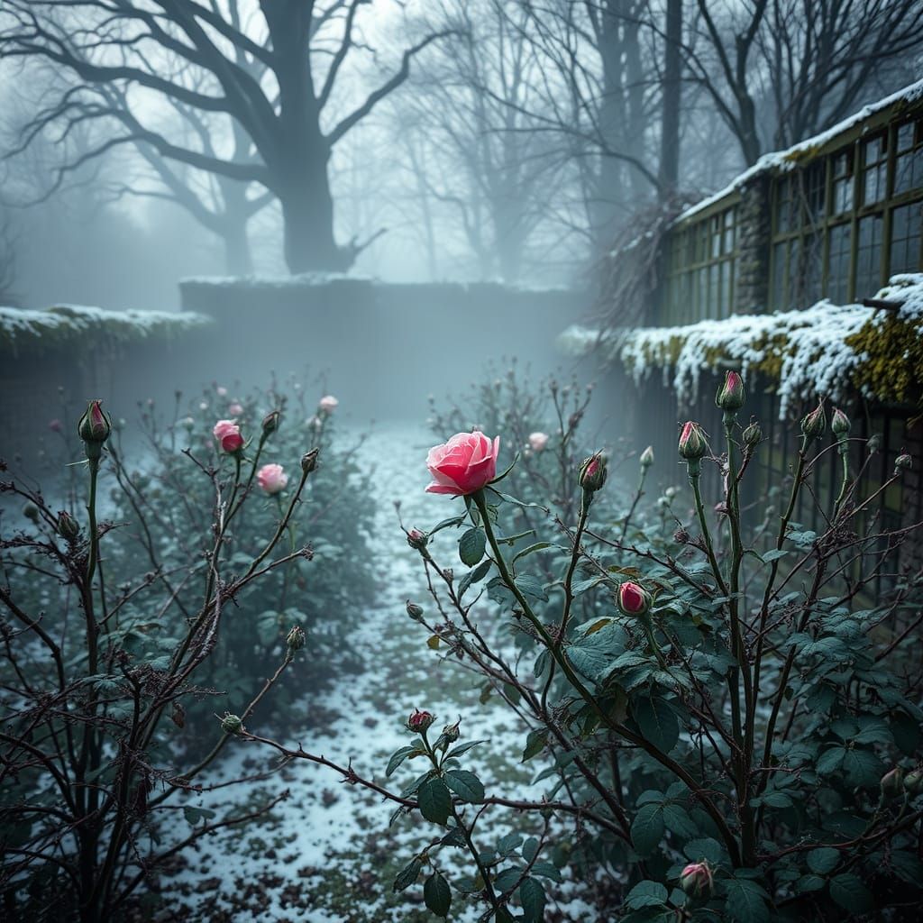 Eerie Abandoned Garden in Winter Fog