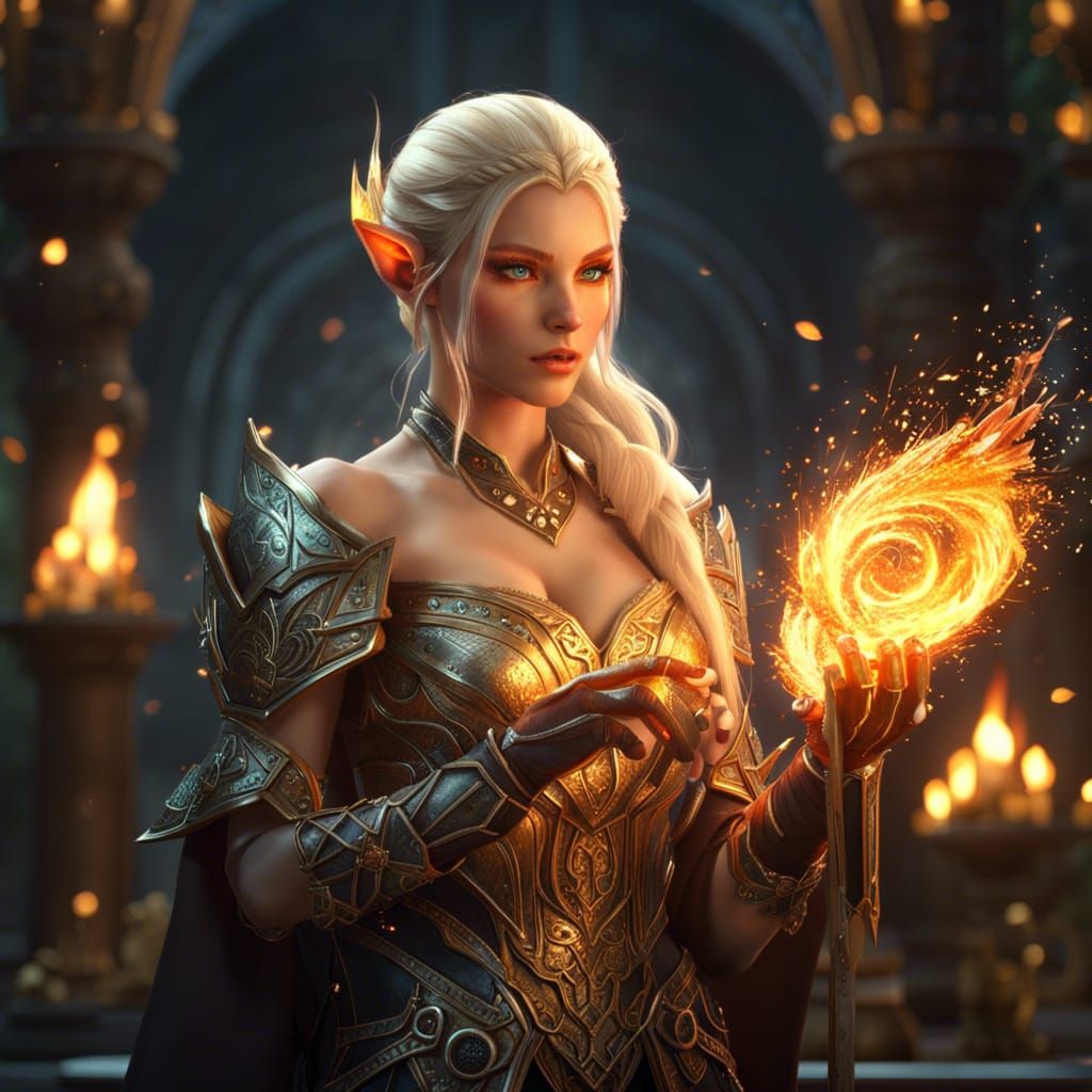 Beautiful Elf Holding Fire Sparks, Fantasy Art