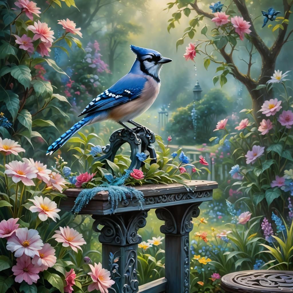 Blue Jay in Ethereal Garden, Dreamy Oil Painting