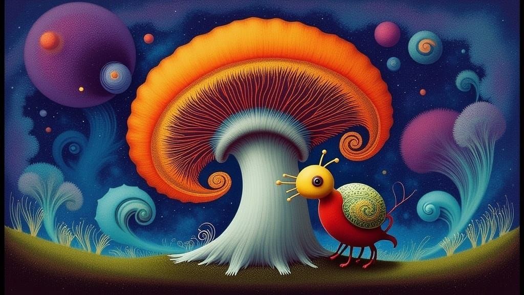 Intricately Detailed Mushroom with Perched Cicada in a Dream...