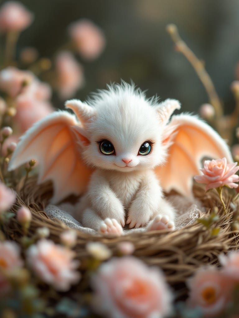 Whimsical Chibi Gargoyle in Lacy Floral Nest