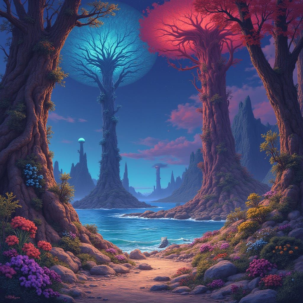 Epic Fantasy Landscape with Glowing Flora and Fauna
