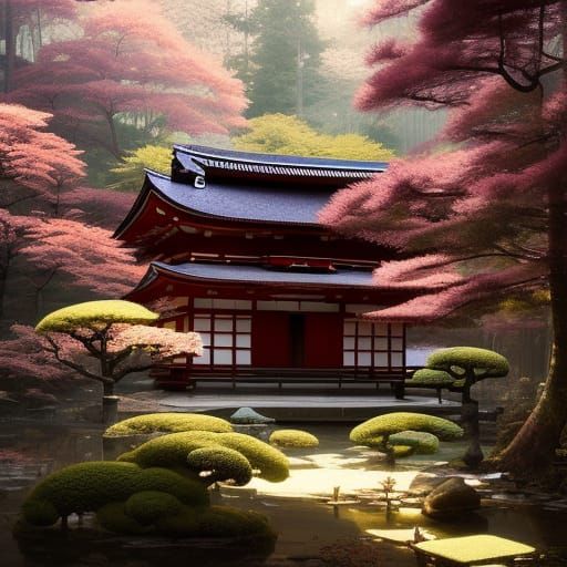 Tranquil Japanese Solarpunk Temple in Sakura Forest