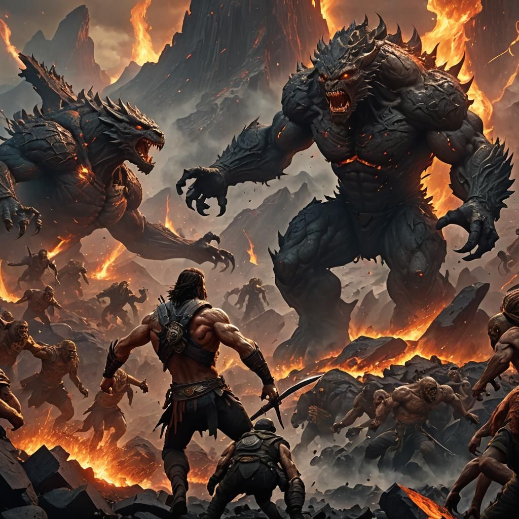 Volcanic Battle: Warriors Clash Amidst Zombie Horde