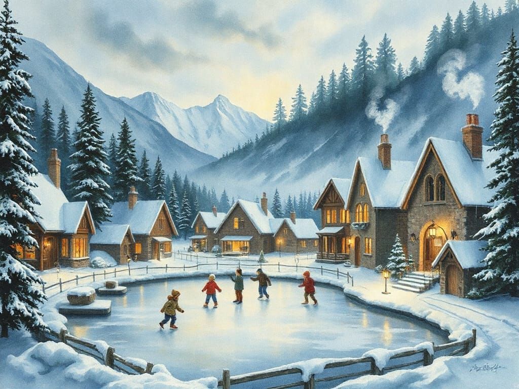 Peaceful Snowy Village Scene with Skating Children