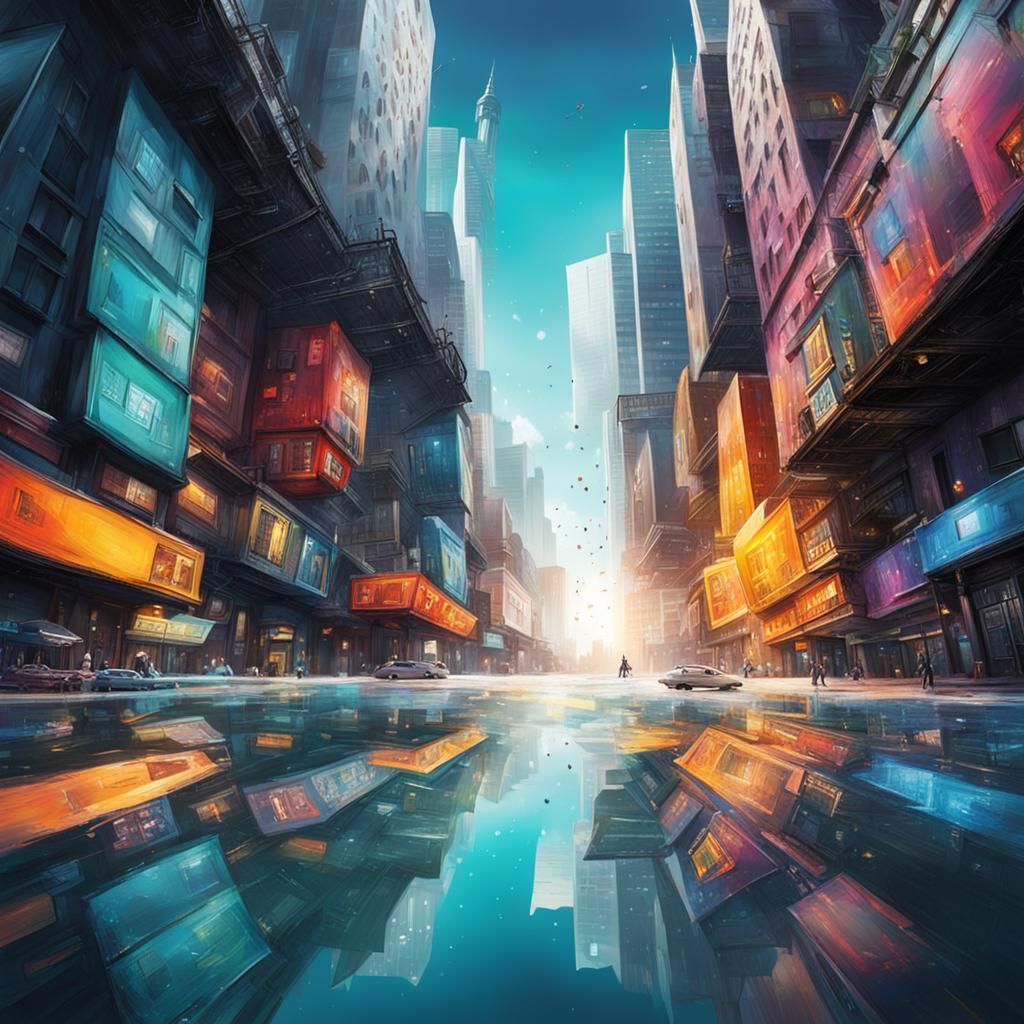 Hyperrealistic Upside Down City in Splash Art Style
