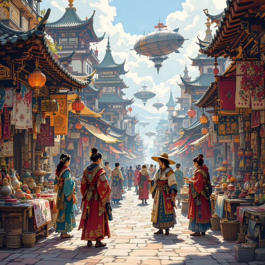 Fantasy Marketplace with Airships in Maximalist Style