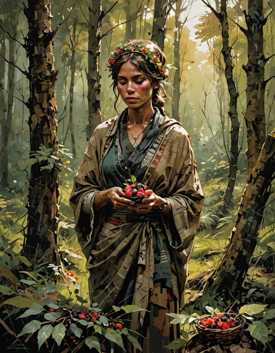 Neolithic Woman Foraging in Forest Glade as Fine Art