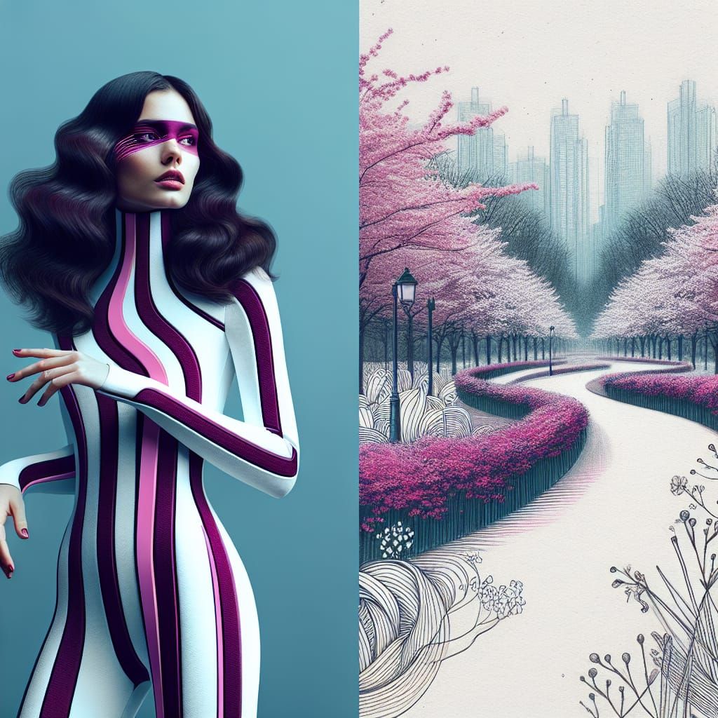 A conceptual mixed style work in 3 colours (a beautiful white woman in a catsuit with extremely thick bold (6 inches) ma...