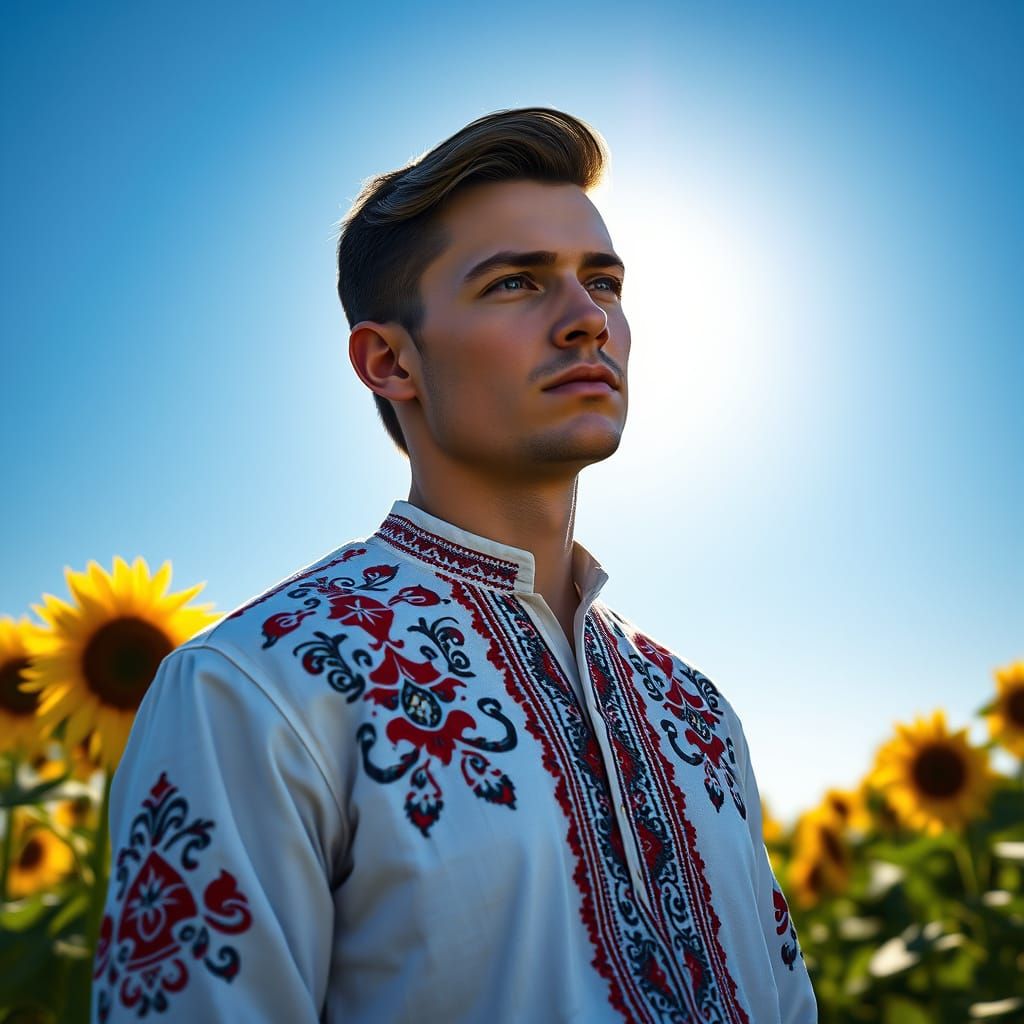 Ukrainian Man in Sunflower Field with Ornate Shirt