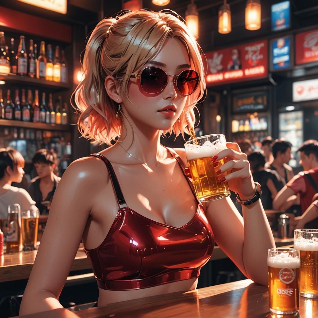 Anime Girl in Bar with Neon Lights