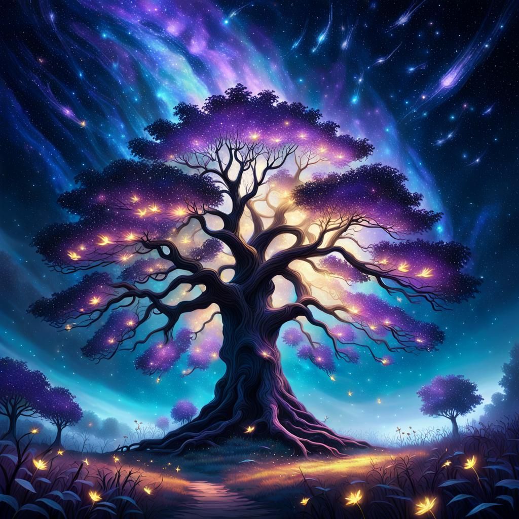 Mystical Tree Under Starry Sky: Fantasy Concept Art