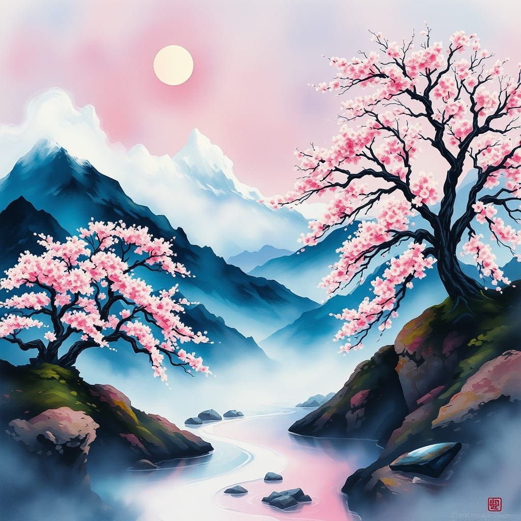 Dreamy Japanese Landscape in Vibrant Alcohol Ink Style