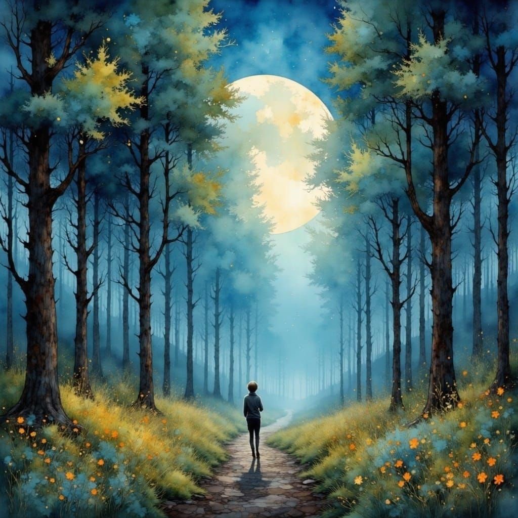 Moonlit Landscape in Gouache Impressionist Style