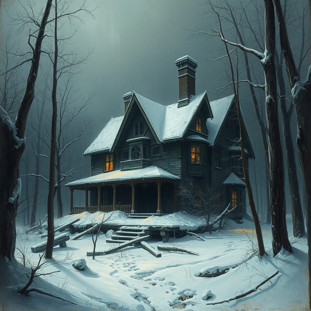 Haunted Mansion in a Snowy Forest