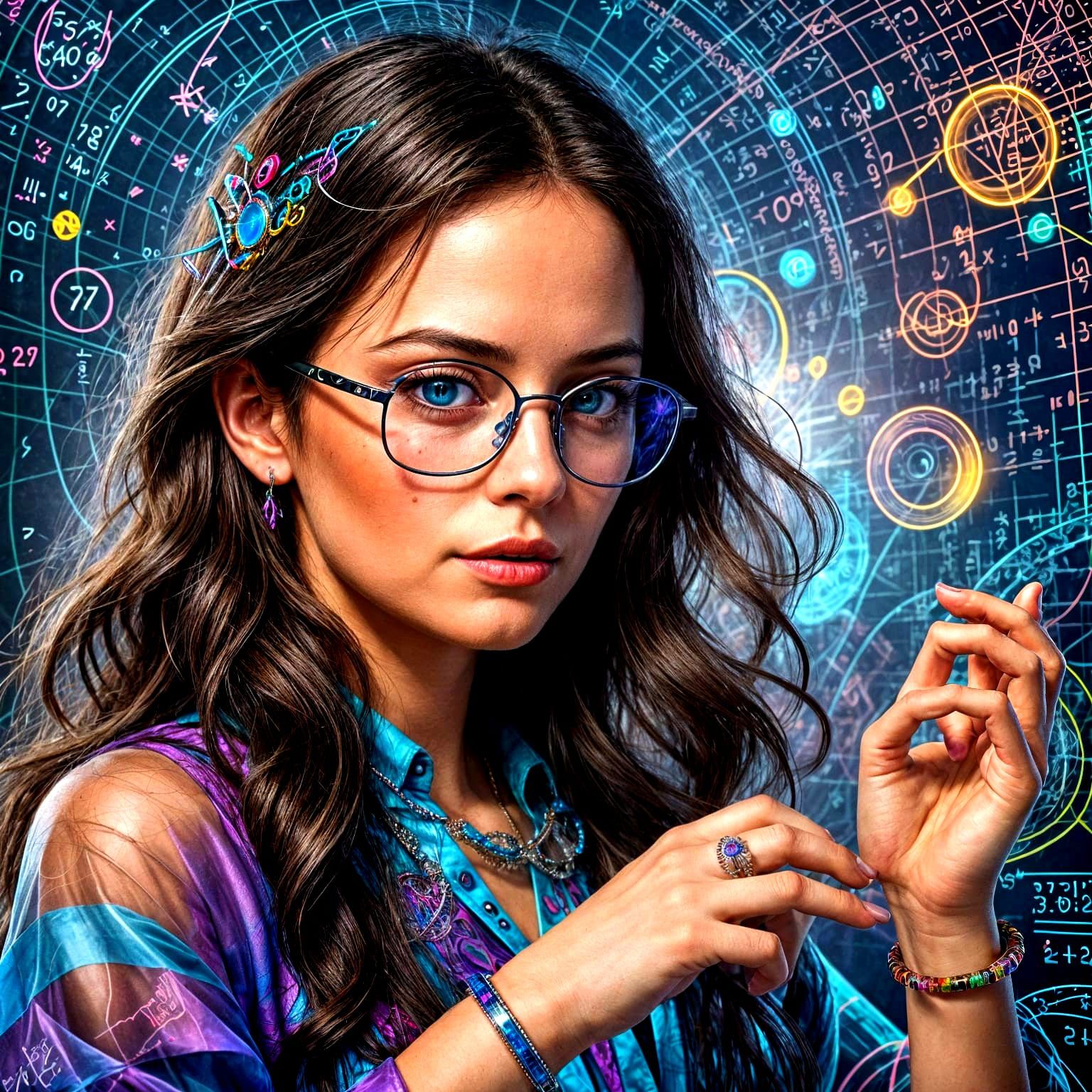 Woman Surrounded by Math Equations: Hyperrealistic Portrait