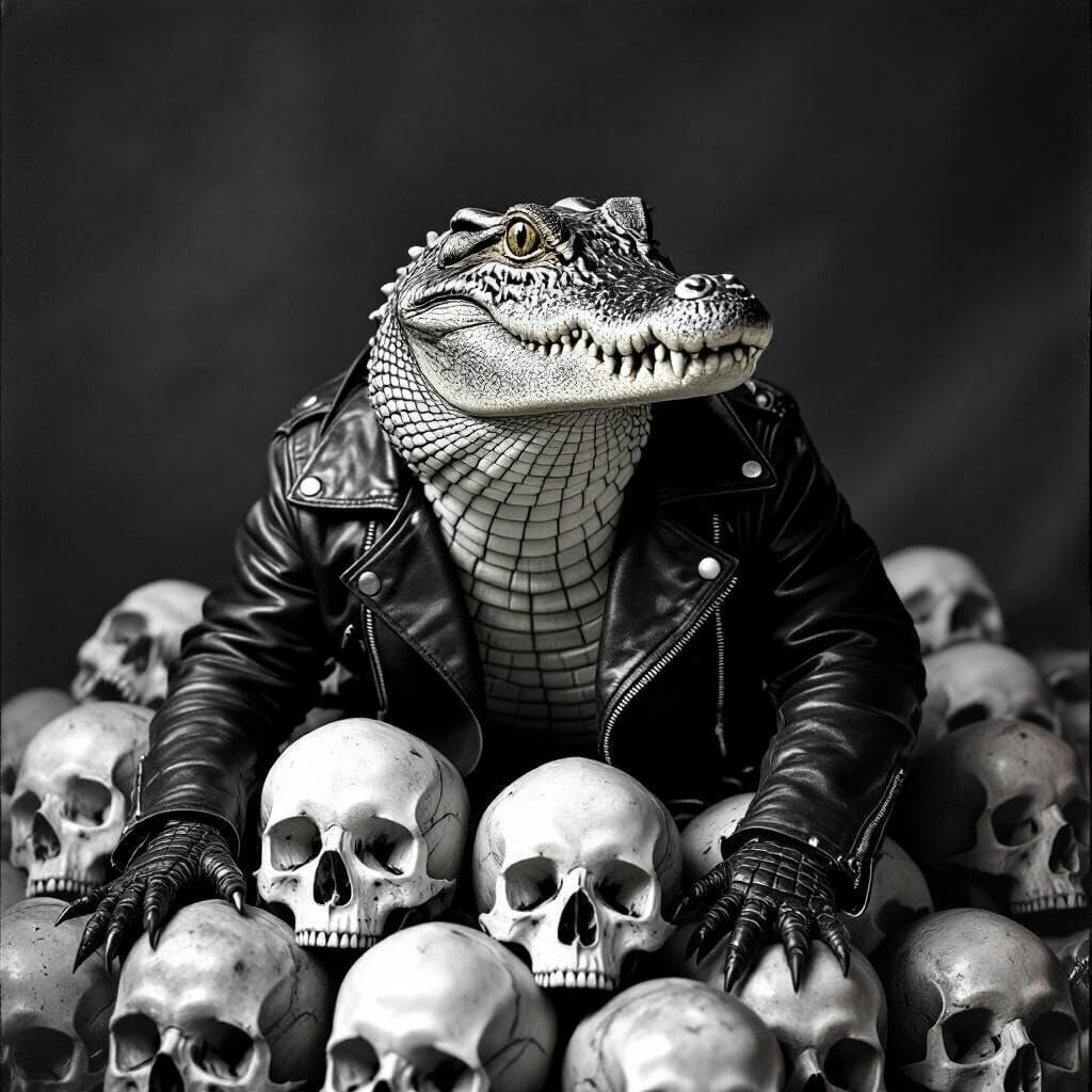 Mischievous Crocodile on Skulls in Retro Black-and-White Sty...