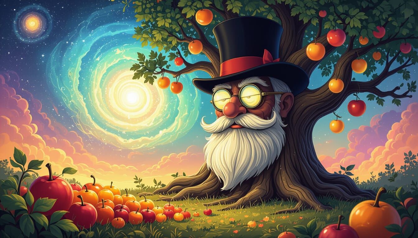 Sentient Cosmic Tree Harvest in Vibrant Galaxy