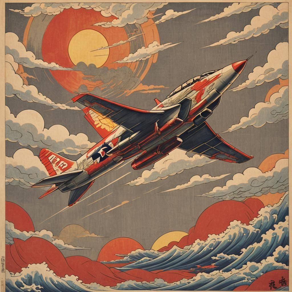 Aircraft Fighter Soaring in Ukiyo-e Style