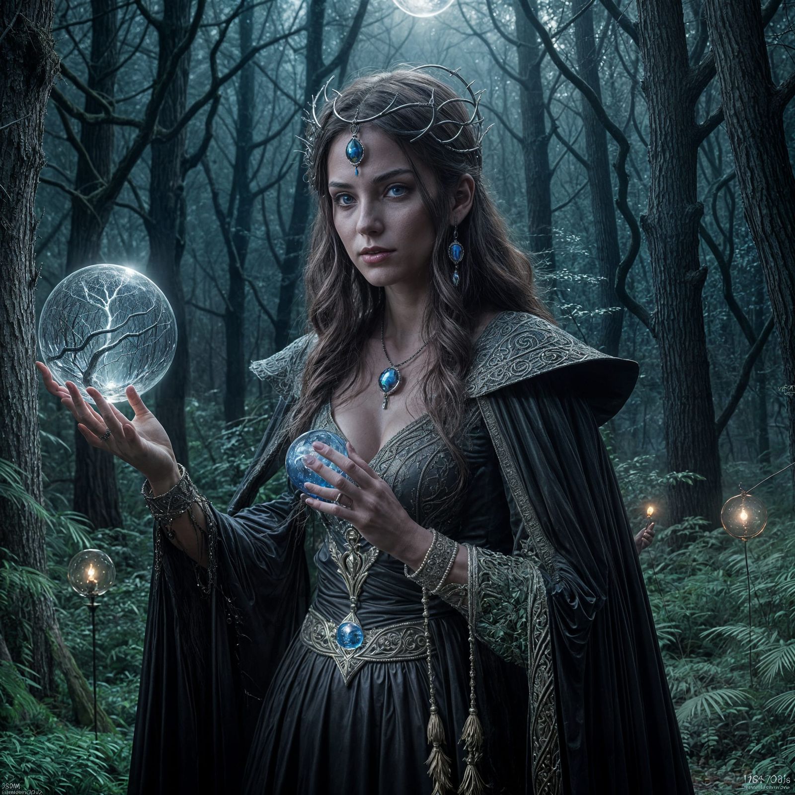 Mysterious Sorceress in Dark Forest with Magic Staff