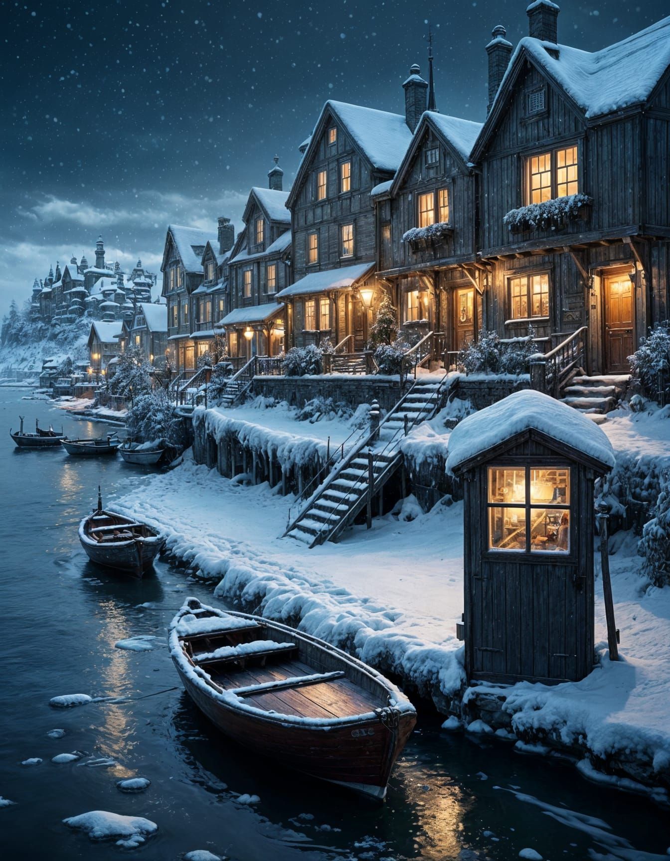 Stunning Snowy Seaside Village Scene