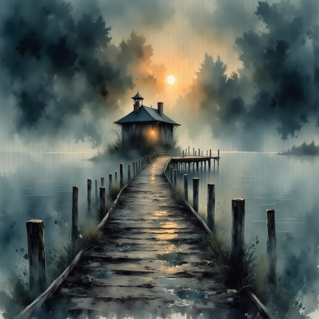<lora:Light and Lace-Flux:1.0> <lora:Veil of Nightmares:1.0> old shack in the bay wooden pier with a golden hour full mo...