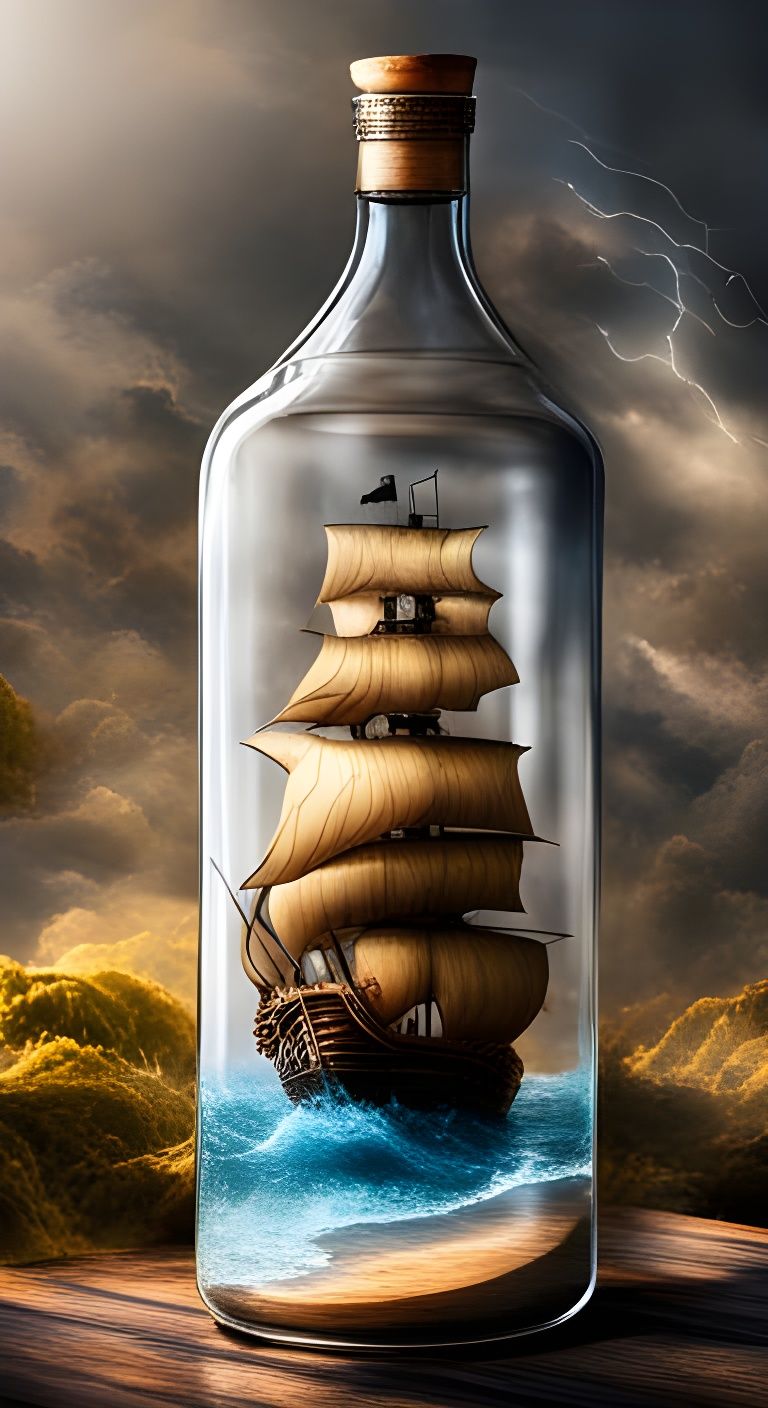 Pirate Ship Storm Trapped in Glass Bottle