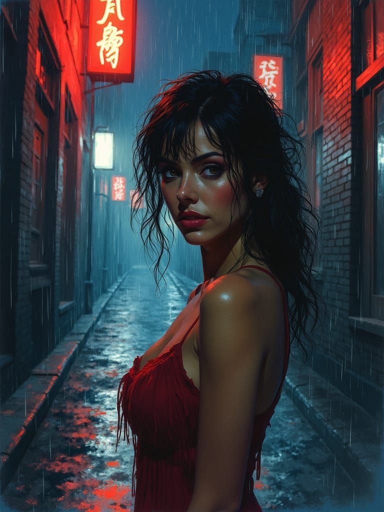 Gritty Woman in Rain-Slicked Noir Alleyway