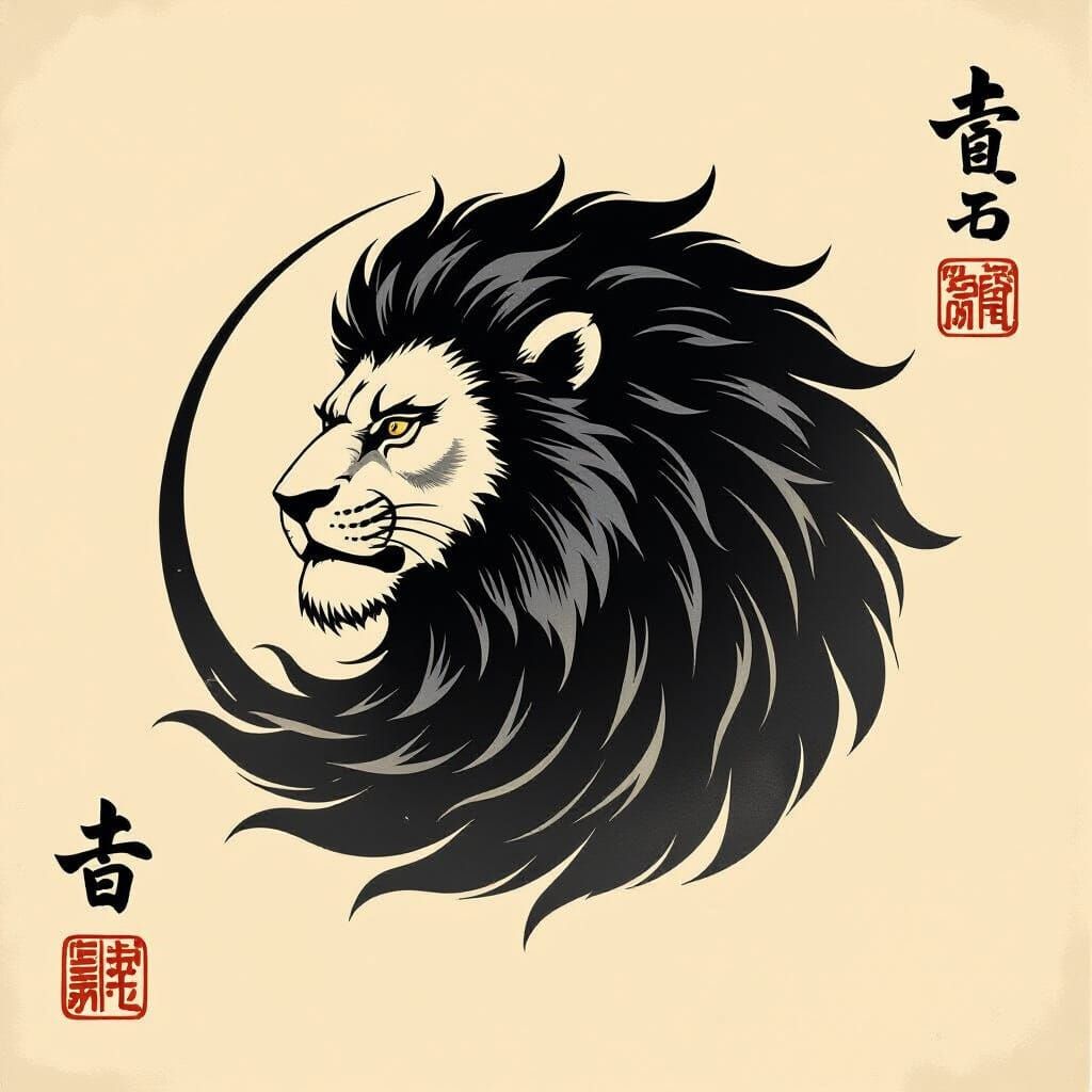 Leo Lion Kamon: Japanese Emblem in Ink Wash Style