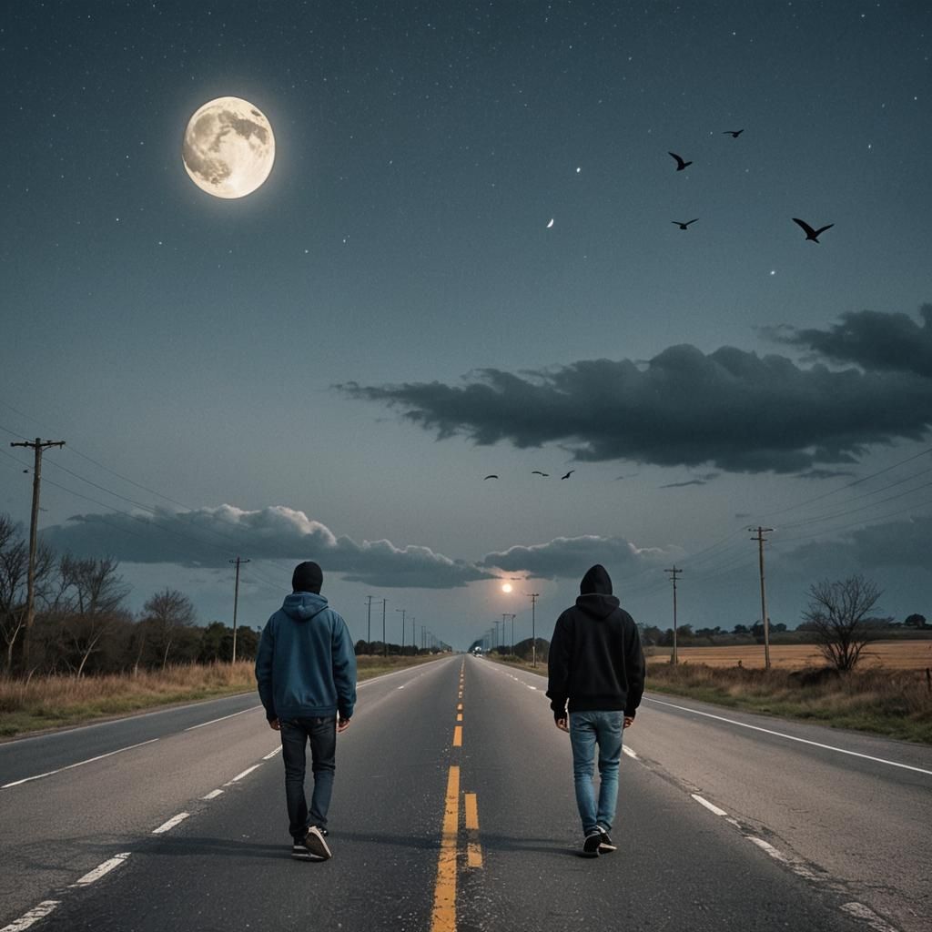 Man Walks on Road at Night Under Moon