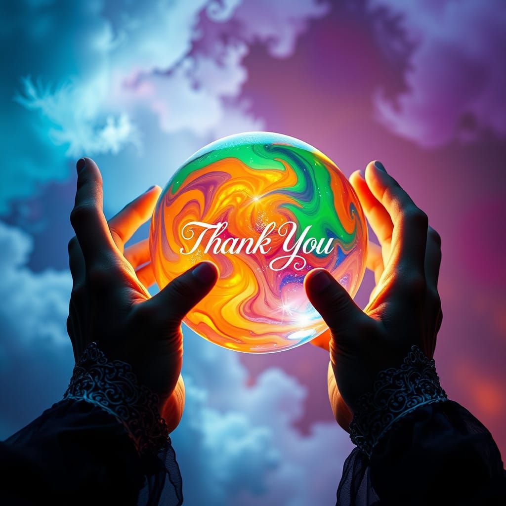 Delicate, slender fingers cradle a luminous crystal ball, its surface ablaze with vibrant, swirling patterns of fiery or...