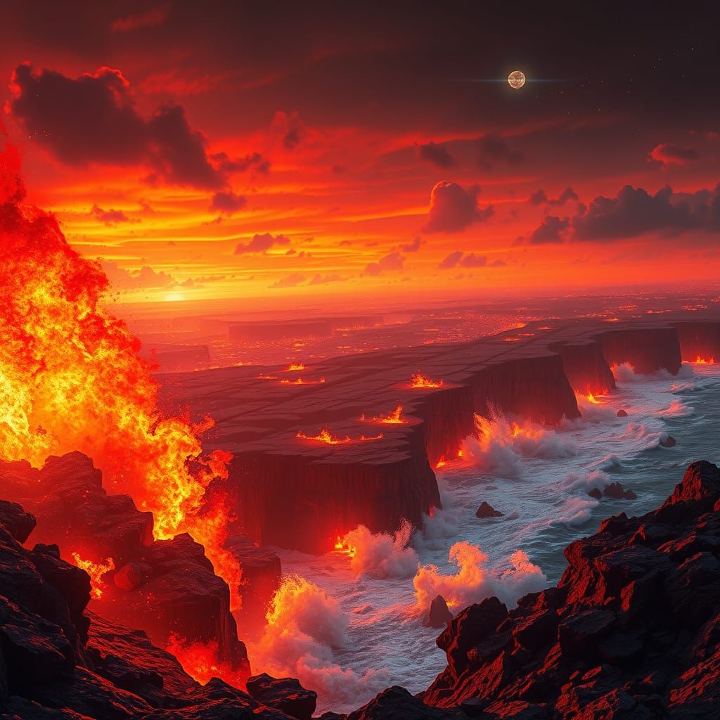 Fiery Landscape Ablaze with Vibrant Waves and Dramatic Skies